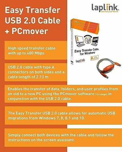 Easy Transfer USB 2.0 Cable and PCmover features and benefits.