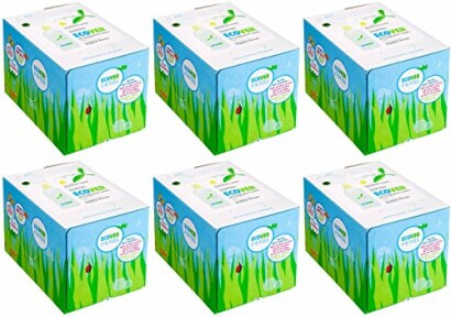 Six boxes of eco-friendly dishwasher tablets with green and blue packaging.