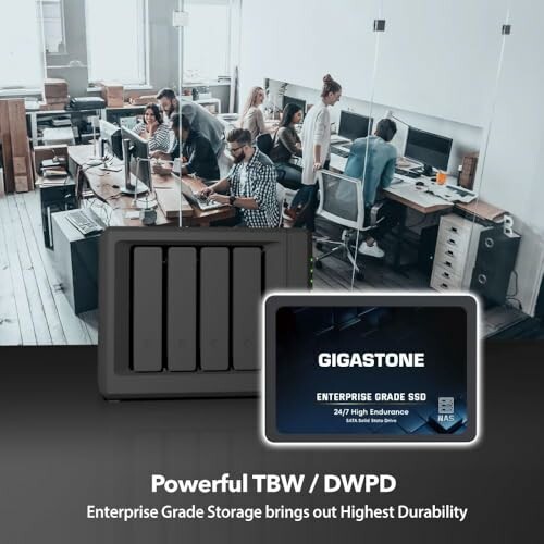 Office with people working on computers and a gigastone SSD advertisement.