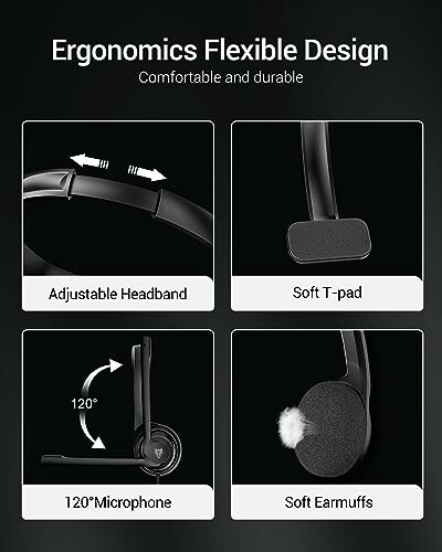 Infographic showing ergonomic headset features: adjustable headband, soft T-pad, 120-degree microphone, and soft earmuffs.