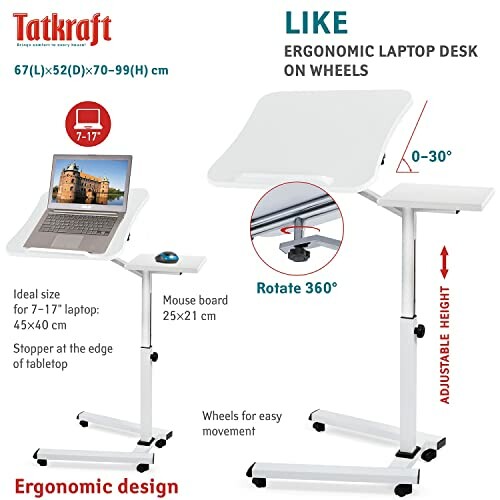 Ergonomic laptop desk on wheels with adjustable height and angle.