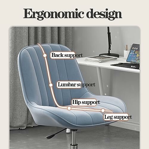 Ergonomic office chair with labeled support areas including back, lumbar, hip, and leg support.