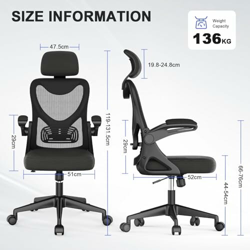 Ergonomic office chair with dimensions and weight capacity.