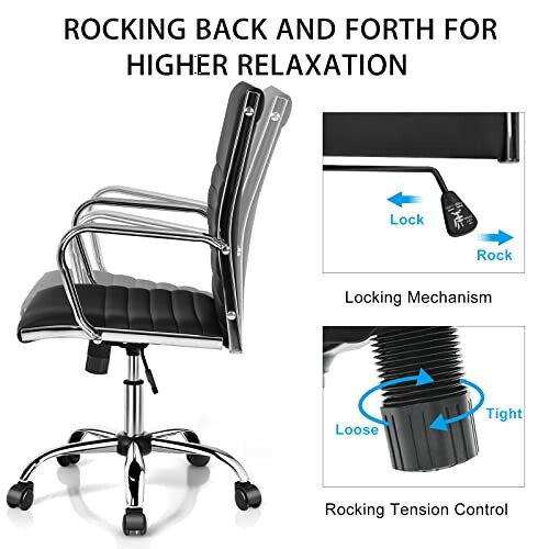 Ergonomic office chair with rocking and locking mechanism illustration.