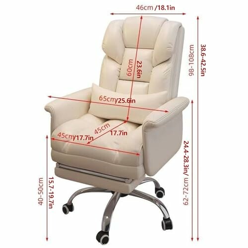 Ergonomic office chair with dimensions marked.