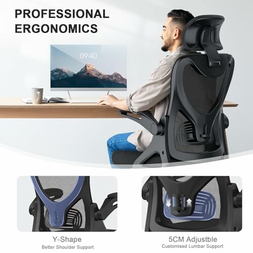 Man sitting in ergonomic office chair with lumbar support and adjustable features.