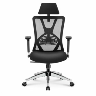 Black ergonomic office chair with headrest and armrests.