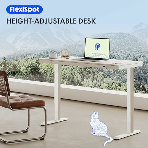 Height-adjustable desk with laptop and chair by window.