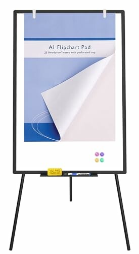 Flipchart pad on easel stand with blue and white cover.