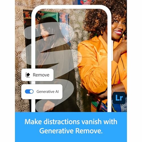 Ad for Generative Remove feature showing two people with distractions being removed.