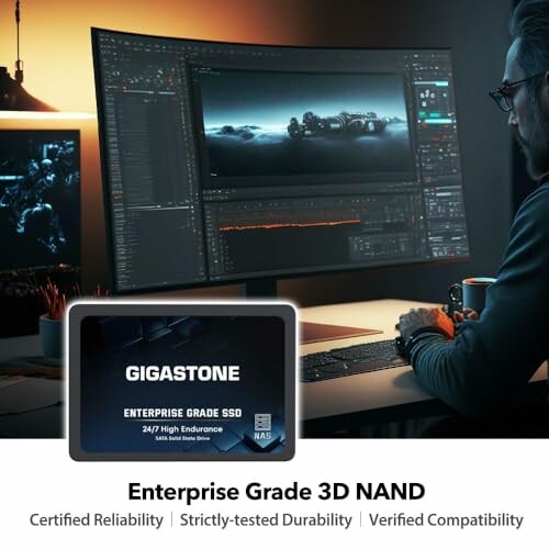 Person working on a computer with Gigastone enterprise grade SSD displayed.