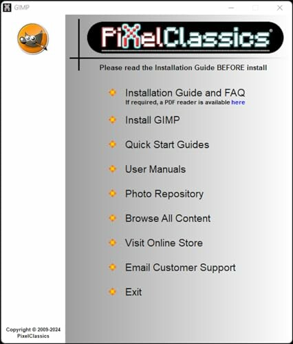 GIMP installation menu with options for guides and support.