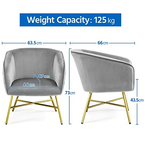 Gray velvet accent chair with gold legs, dimensions and weight capacity.