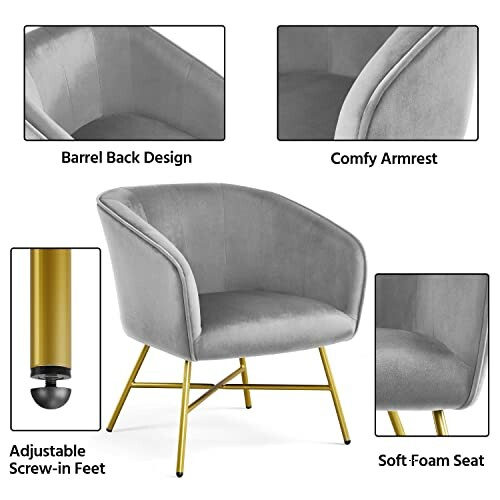 Grey accent chair with barrel back, comfy armrest, adjustable screw-in feet, and soft foam seat.