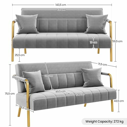 Convertible grey sofa bed with gold legs and cushions, showing detailed measurements.