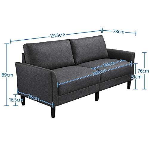 Grey sofa with dimensions labeled