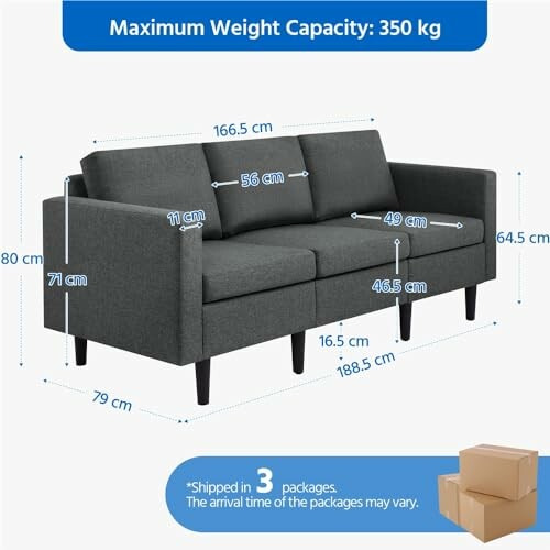 Grey sofa with labeled dimensions and maximum weight capacity of 350 kg, shipped in 3 packages.