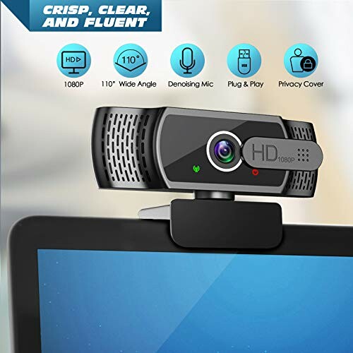 HD webcam with 1080p resolution on a monitor, featuring wide angle, denoising mic, plug and play, and privacy cover.