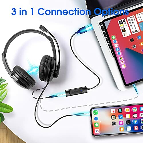 Headset connected to laptop and smartphone with 3 in 1 connection options.