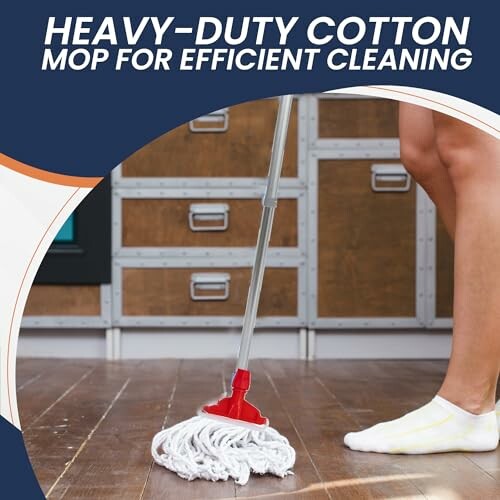 Person using heavy-duty cotton mop on wooden floor.