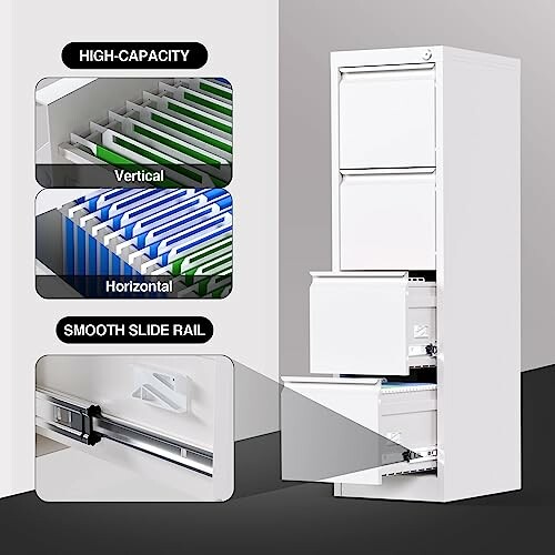 High-capacity white file cabinet with smooth slide rail and vertical and horizontal file storage.