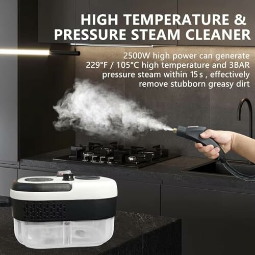 Person using a high temperature and pressure steam cleaner on a kitchen stovetop.