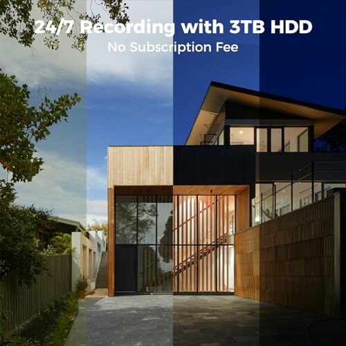 Modern house with 24/7 recording ad, no subscription fee.