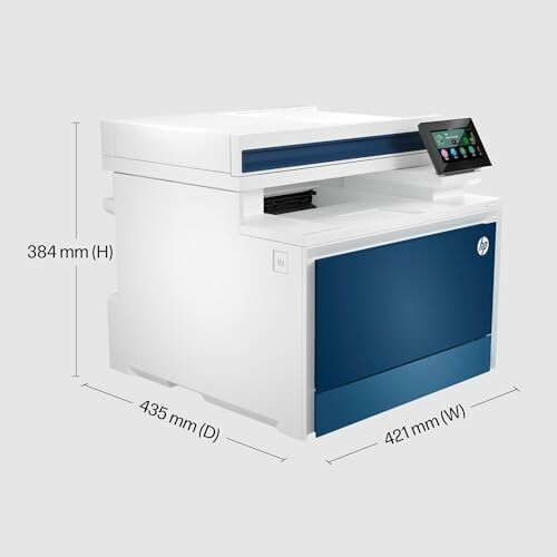 HP laserjet printer with dimensions shown.