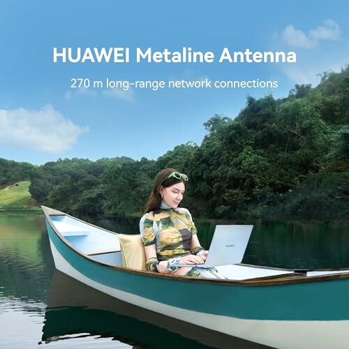 Woman using laptop in boat with HUAWEI Metaline Antenna ad.