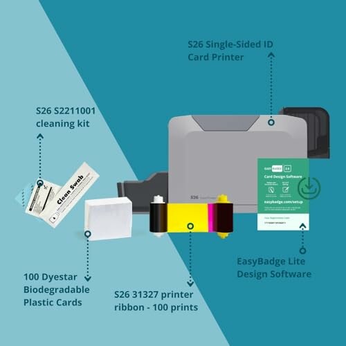 ID card printer kit with printer, ribbon, cleaning kit, and software.