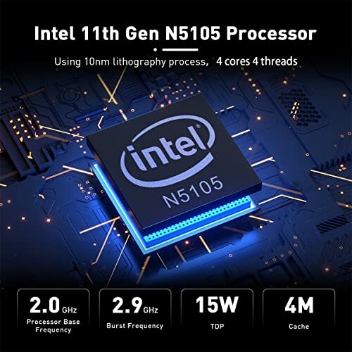 Intel 11th Gen N5105 Processor with specifications highlighted.