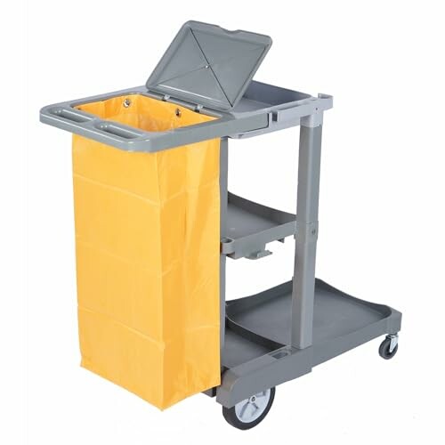 Gray janitorial cart with a yellow bag and two shelves.