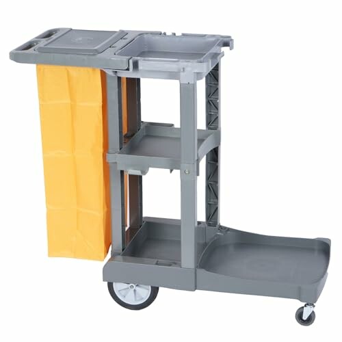 Gray janitorial cleaning cart with orange bag