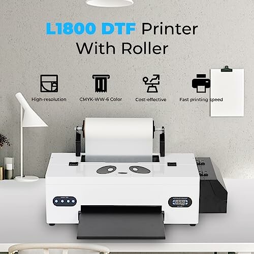 L1800 DTF printer with roller on desk with features listed.