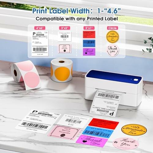 Label printer with various printed labels and rolls.