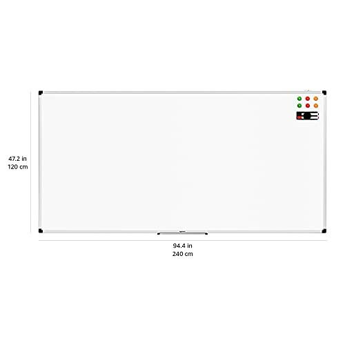 Large whiteboard with dimensions and markers.