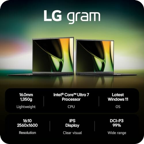 LG gram laptops with Intel Core Ultra 7, Windows 11, lightweight design.