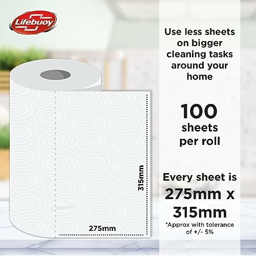 Lifebuoy paper towel specifications: 100 sheets per roll, sheet size 275mm x 315mm.