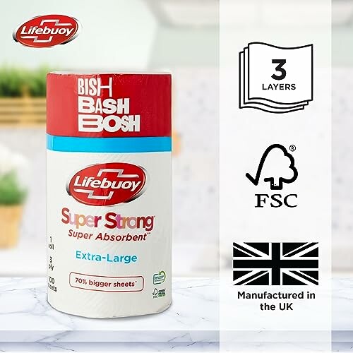 Lifebuoy Super Strong paper towel with features highlighted.