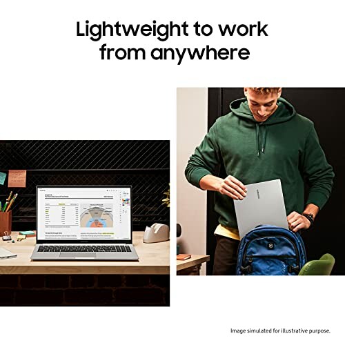 Lightweight laptop for working anywhere, featuring a person holding a laptop and a laptop on a desk.