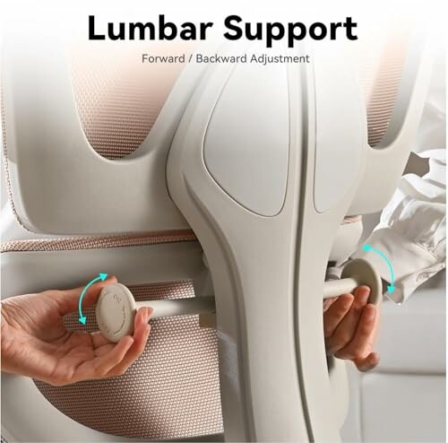 Person adjusting lumbar support on an ergonomic chair.