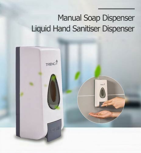 Manual soap and sanitizer dispenser on wall with hands using it