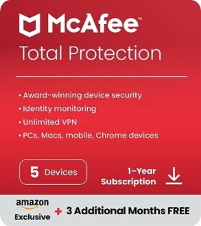 McAfee Total Protection software package with features listed.