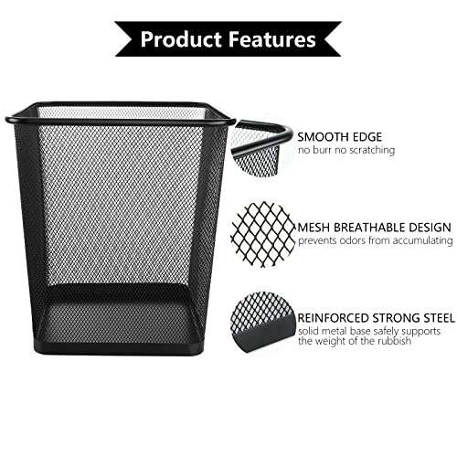 Black mesh trash can with smooth edge, breathable design, reinforced steel base.