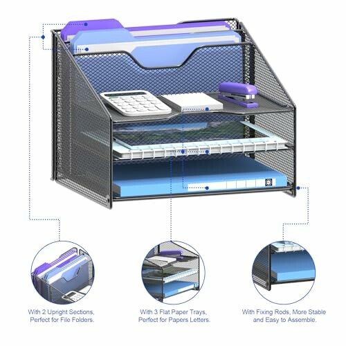 Metal desk organizer with file folders, paper trays, and office supplies.