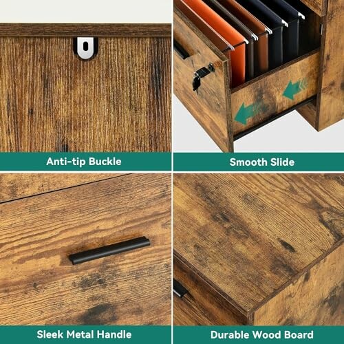 Features of a wooden cabinet with anti-tip buckle, smooth slide, sleek metal handle, and durable wood board.