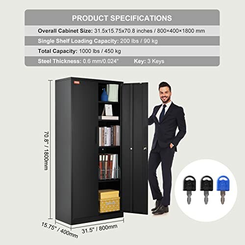 Metal storage cabinet with shelves, dimensions, and keys shown.