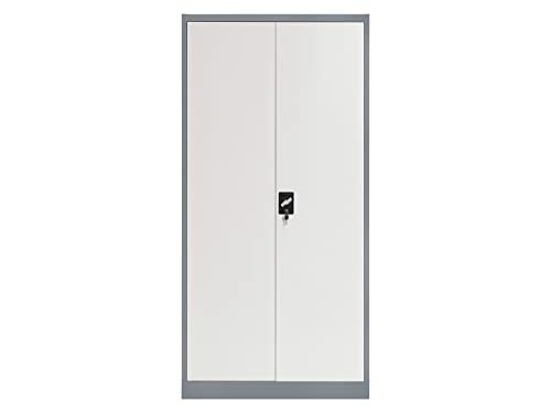 Tall metal storage cabinet with double doors and lock