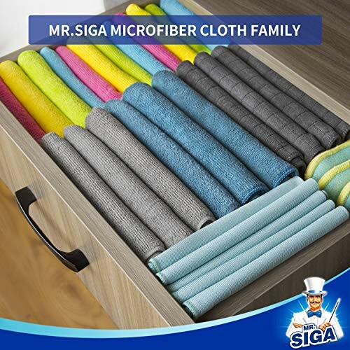 Drawer filled with colorful microfiber cloths neatly organized.