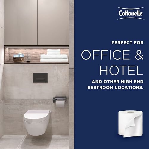 Modern bathroom with wall-mounted toilet, shelf, and Cottonelle ad.